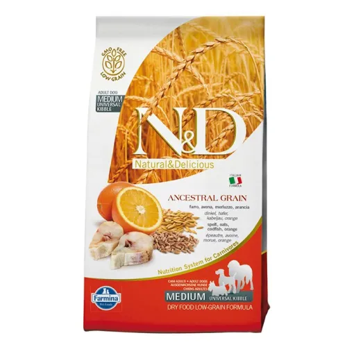 غذای خشک سگ بالغ نژاد متوسط ان اند دی با طعم ماهی کاد و پرتقال